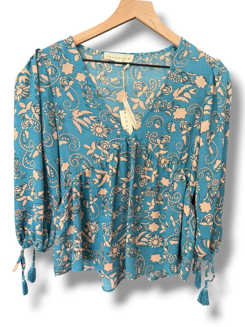 Lovestitch NWT Teal Floral V-Neck Flowy Boho Peasant Blouse Sz Small